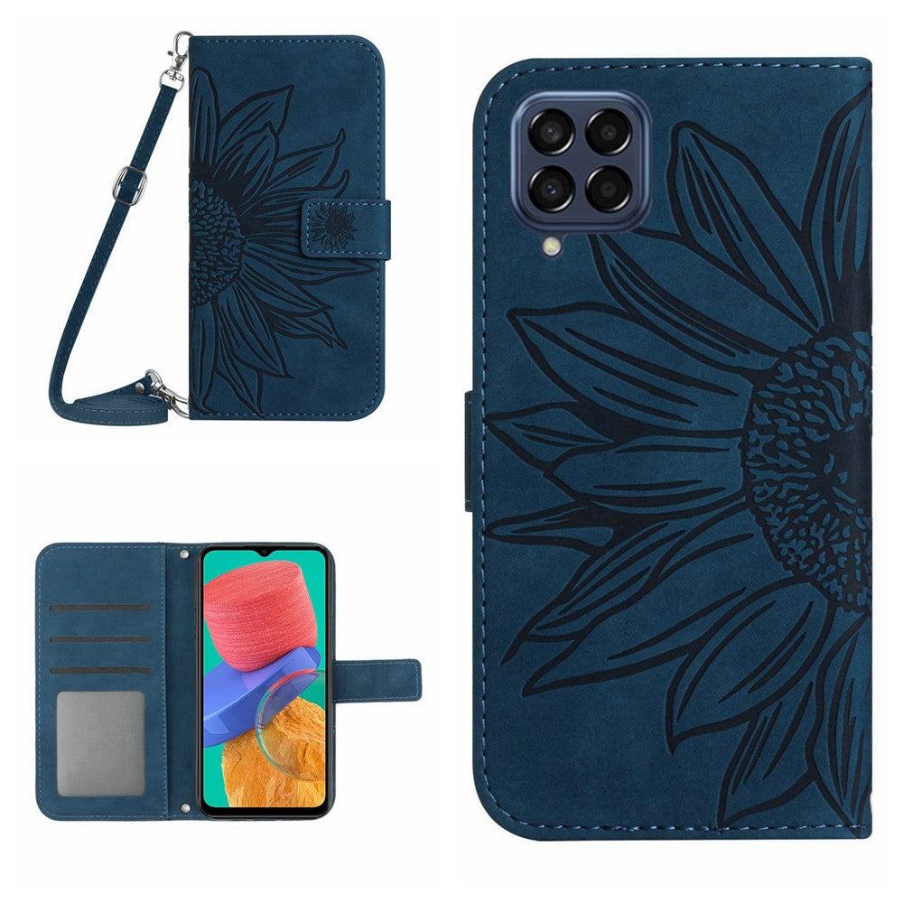 For Samsung Galaxy M33 5G (Global Version) HT04 Skin-touch Imprinted Sunflower Phone Cover with Shoulder Strap PU Leather Protective Case Stand Wallet  - Dark Blue