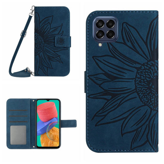 For Samsung Galaxy M33 5G (Global Version) HT04 Skin-touch Imprinted Sunflower Phone Cover with Shoulder Strap PU Leather Protective Case Stand Wallet  - Dark Blue