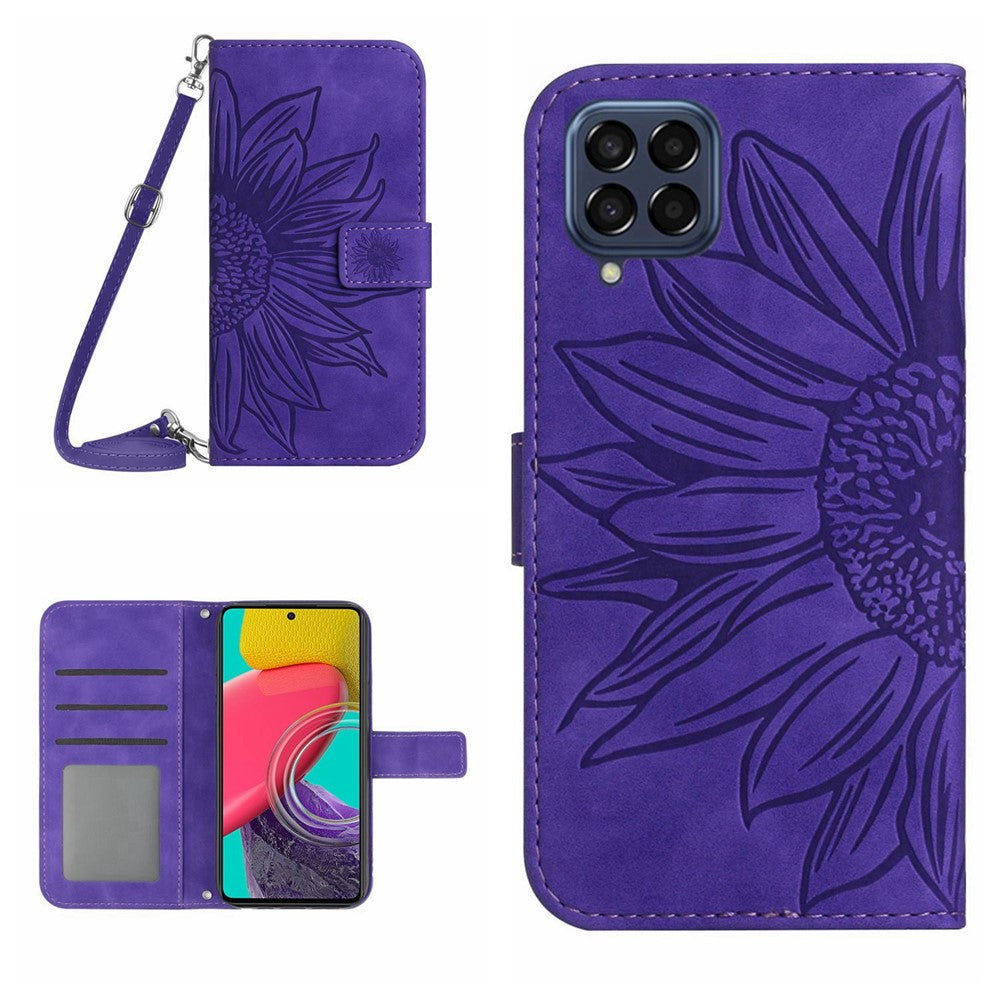 For Samsung Galaxy M53 5G HT04 Sunflower Imprinted Skin-touch PU Leather Case Wallet Stand Magnetic Phone Cover with Shoulder Strap - Dark Purple