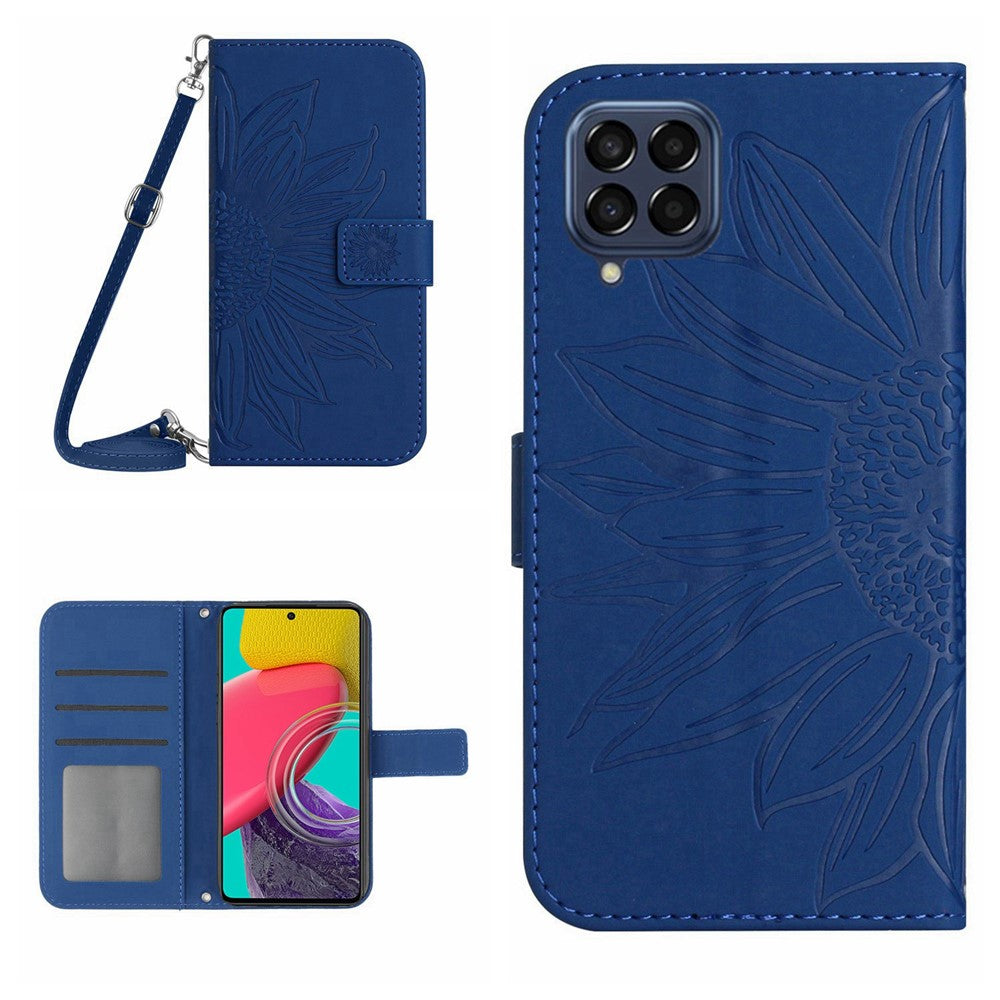 For Samsung Galaxy M53 5G HT04 Sunflower Imprinted Skin-touch PU Leather Case Wallet Stand Magnetic Phone Cover with Shoulder Strap - Sapphire