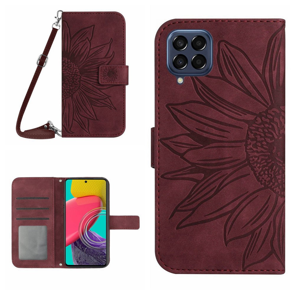 For Samsung Galaxy M53 5G HT04 Sunflower Imprinted Skin-touch PU Leather Case Wallet Stand Magnetic Phone Cover with Shoulder Strap - Wine Red