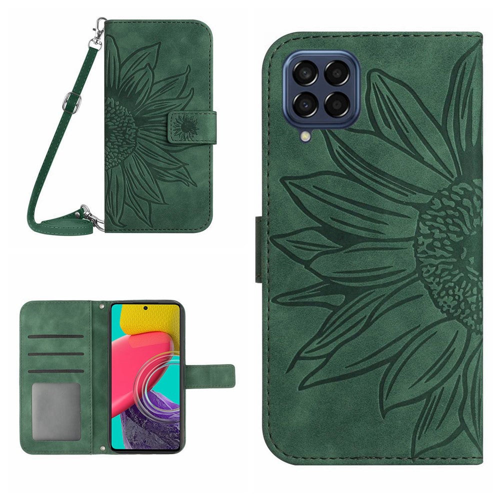 For Samsung Galaxy M53 5G HT04 Sunflower Imprinted Skin-touch PU Leather Case Wallet Stand Magnetic Phone Cover with Shoulder Strap - Dark Green