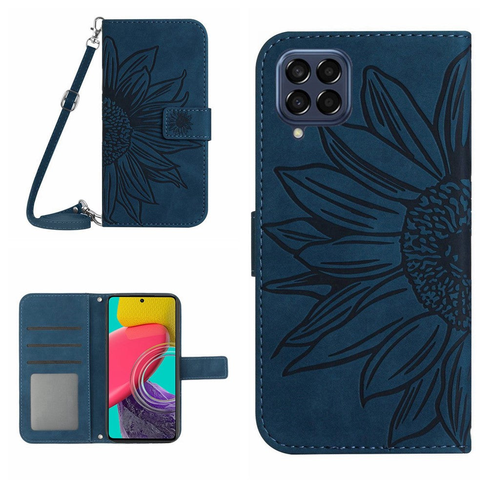 For Samsung Galaxy M53 5G HT04 Sunflower Imprinted Skin-touch PU Leather Case Wallet Stand Magnetic Phone Cover with Shoulder Strap - Dark Blue