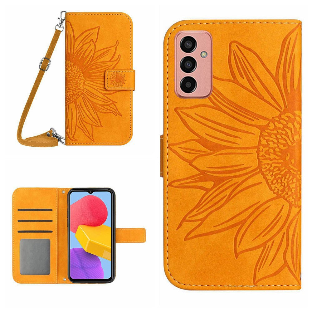 Magnetic Clasp Phone Case For Samsung Galaxy M13 4G, HT04 Skin-friendly Imprinted Sunflower PU Leather Wallet Stand Protective Cover with Shoulder Strap - Yellow