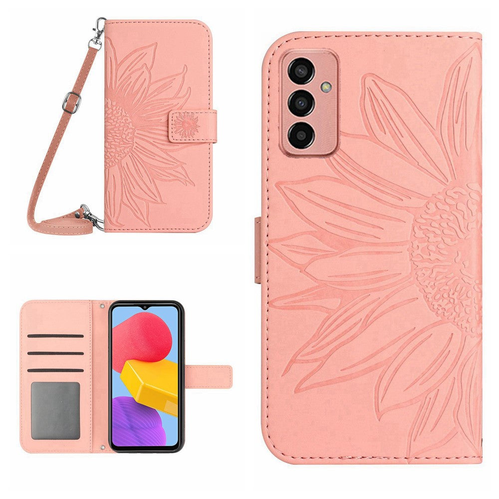 Magnetic Clasp Phone Case For Samsung Galaxy M13 4G, HT04 Skin-friendly Imprinted Sunflower PU Leather Wallet Stand Protective Cover with Shoulder Strap - Light Pink