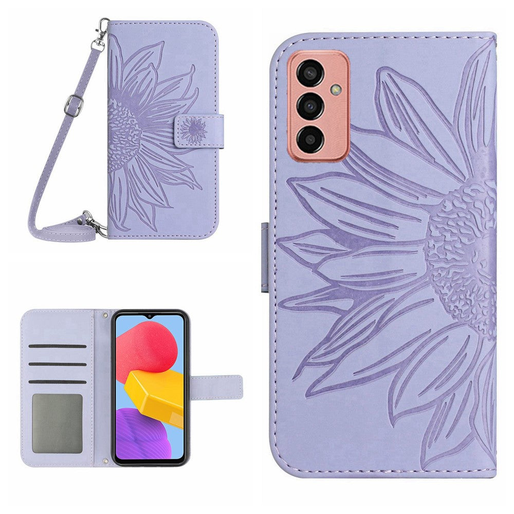 Magnetic Clasp Phone Case For Samsung Galaxy M13 4G, HT04 Skin-friendly Imprinted Sunflower PU Leather Wallet Stand Protective Cover with Shoulder Strap - Light Purple
