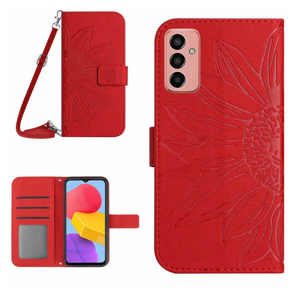 Magnetic Clasp Phone Case For Samsung Galaxy M13 4G, HT04 Skin-friendly Imprinted Sunflower PU Leather Wallet Stand Protective Cover with Shoulder Strap - Red