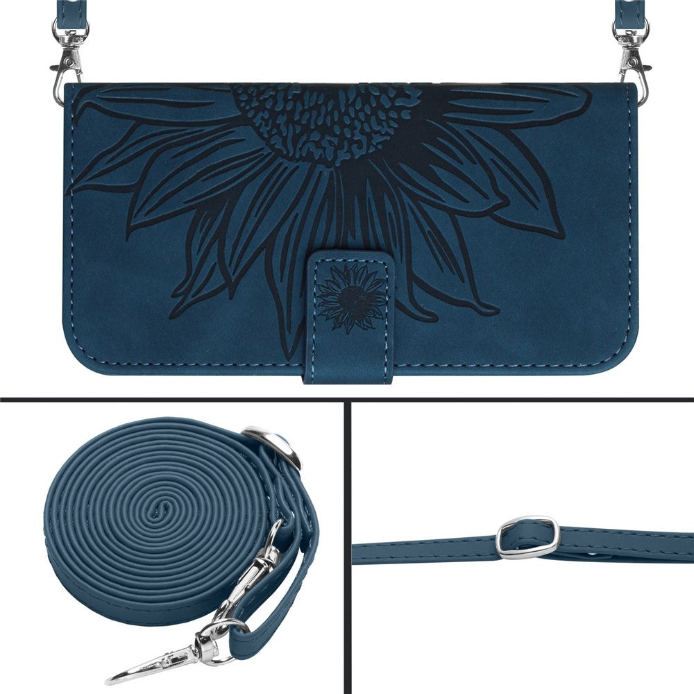HT04 Imprinted Sunflower Phone Case For Samsung Galaxy M23 5G / F23 5G, PU Leather Wallet Stand Magnetic Clasp Skin-touch Anti-fall Phone Cover with Shoulder Strap - Dark Blue