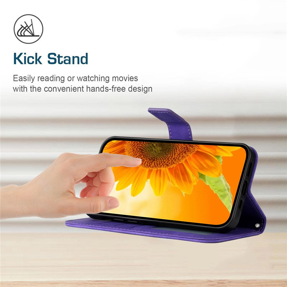 HT04 Imprinted Sunflower Phone Case For Samsung Galaxy M23 5G / F23 5G, PU Leather Wallet Stand Magnetic Clasp Skin-touch Anti-fall Phone Cover with Shoulder Strap - Dark Purple