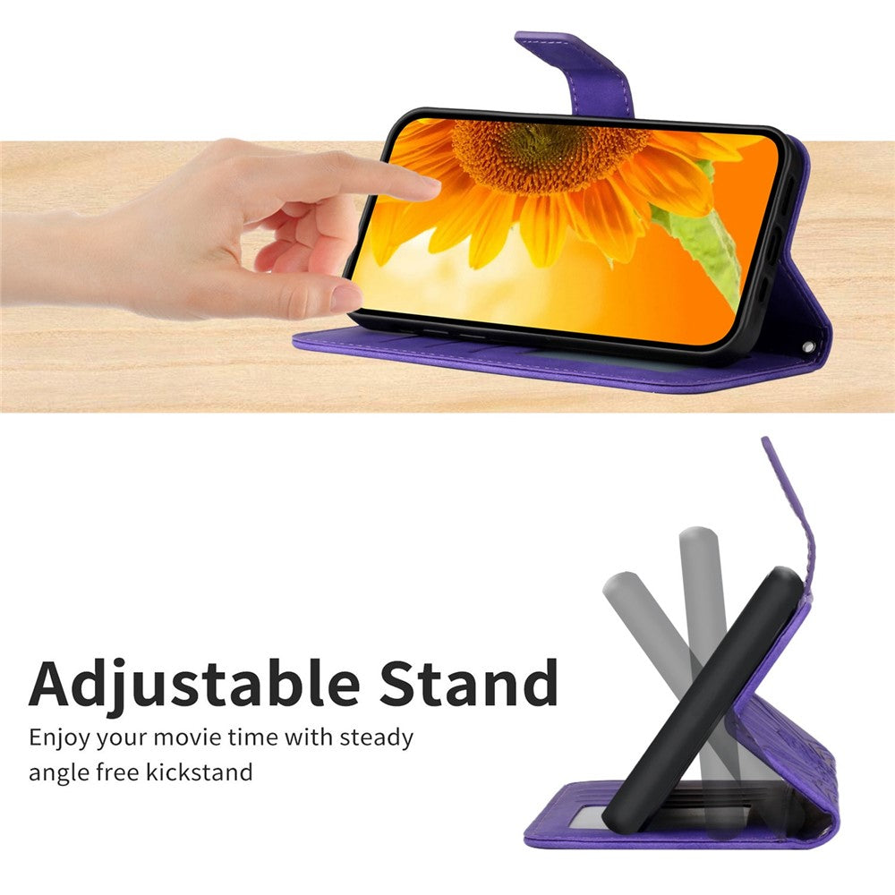 HT04 Imprinted Sunflower Phone Case For Samsung Galaxy M23 5G / F23 5G, PU Leather Wallet Stand Magnetic Clasp Skin-touch Anti-fall Phone Cover with Shoulder Strap - Dark Purple
