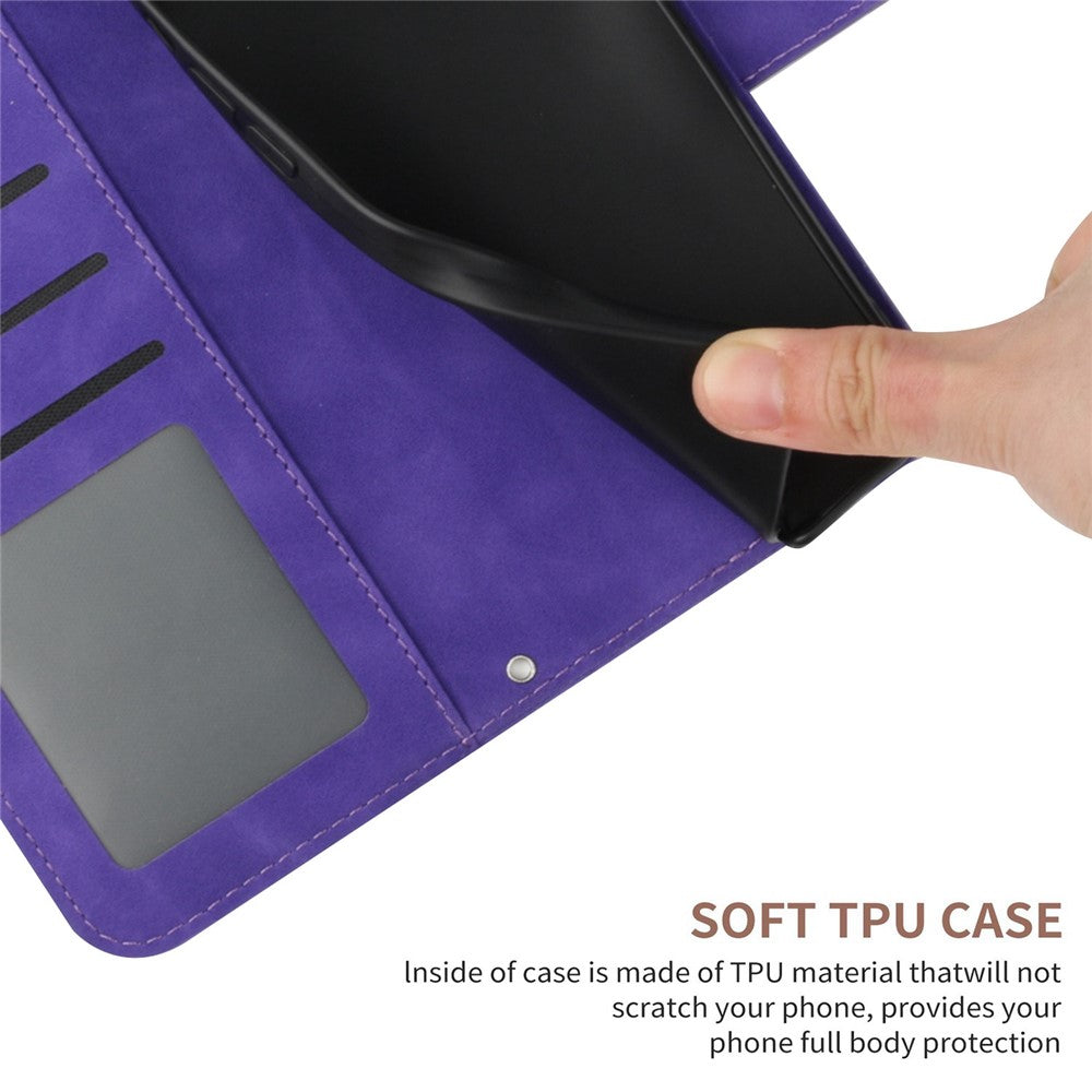 HT04 Imprinted Sunflower Phone Case For Samsung Galaxy M23 5G / F23 5G, PU Leather Wallet Stand Magnetic Clasp Skin-touch Anti-fall Phone Cover with Shoulder Strap - Dark Purple