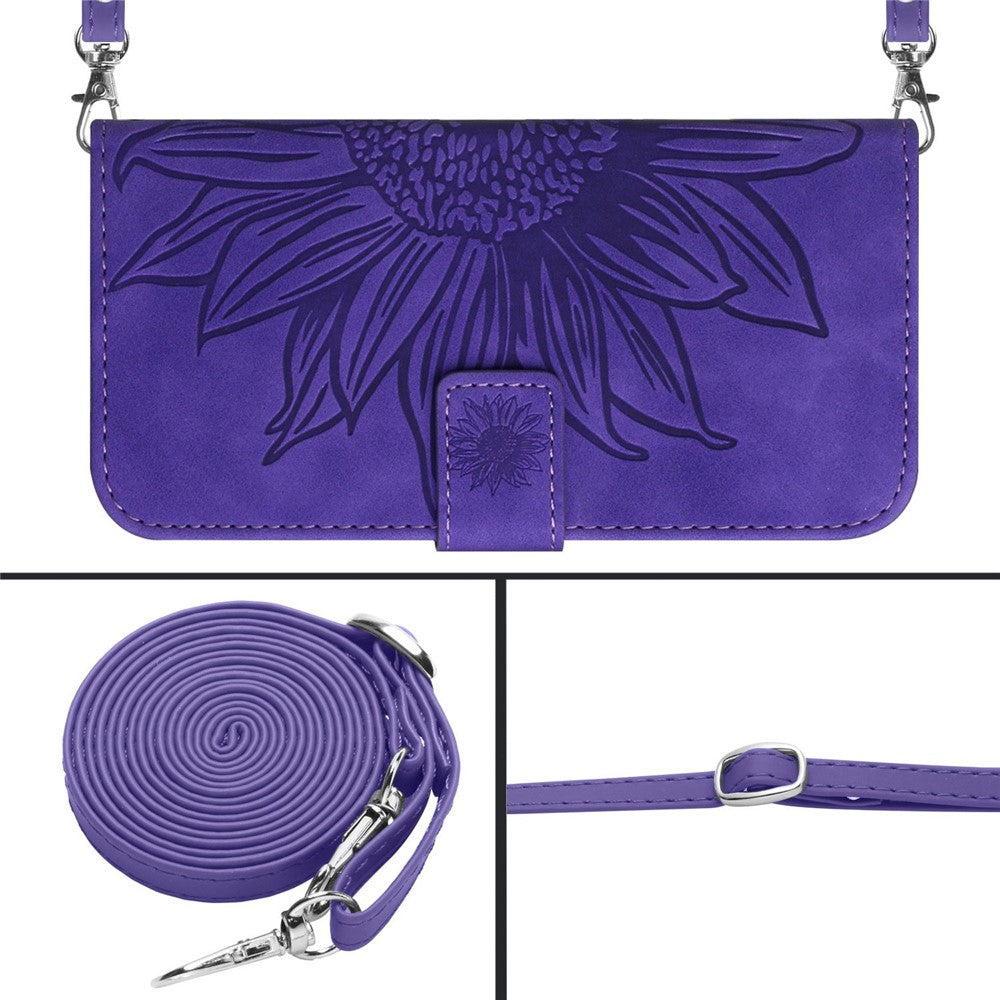 HT04 Imprinted Sunflower Phone Case For Samsung Galaxy M23 5G / F23 5G, PU Leather Wallet Stand Magnetic Clasp Skin-touch Anti-fall Phone Cover with Shoulder Strap - Dark Purple