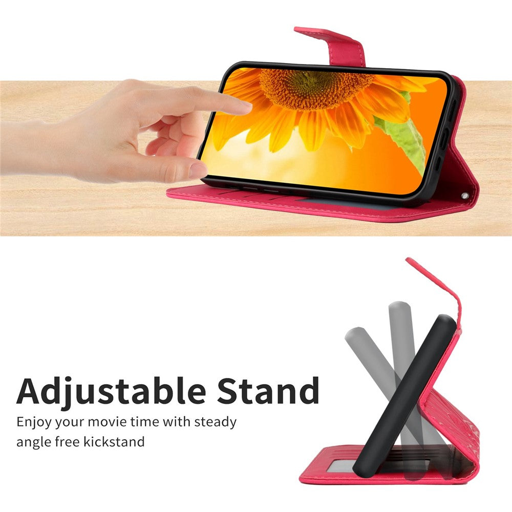 HT04 Imprinted Sunflower Phone Case For Samsung Galaxy M23 5G / F23 5G, PU Leather Wallet Stand Magnetic Clasp Skin-touch Anti-fall Phone Cover with Shoulder Strap - Rose