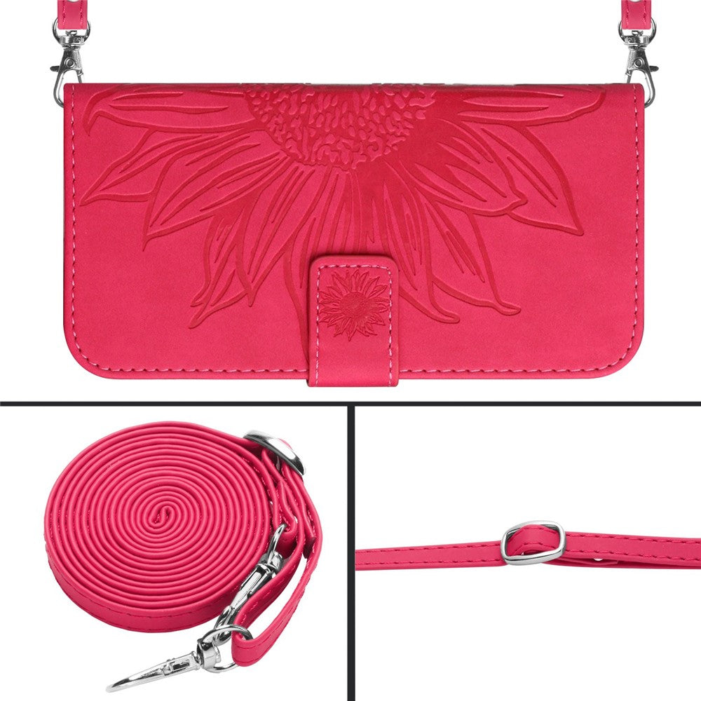 HT04 Imprinted Sunflower Phone Case For Samsung Galaxy M23 5G / F23 5G, PU Leather Wallet Stand Magnetic Clasp Skin-touch Anti-fall Phone Cover with Shoulder Strap - Rose