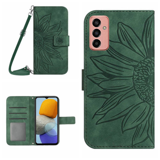 HT04 Imprinted Sunflower Phone Case For Samsung Galaxy M23 5G / F23 5G, PU Leather Wallet Stand Magnetic Clasp Skin-touch Anti-fall Phone Cover with Shoulder Strap - Dark Green