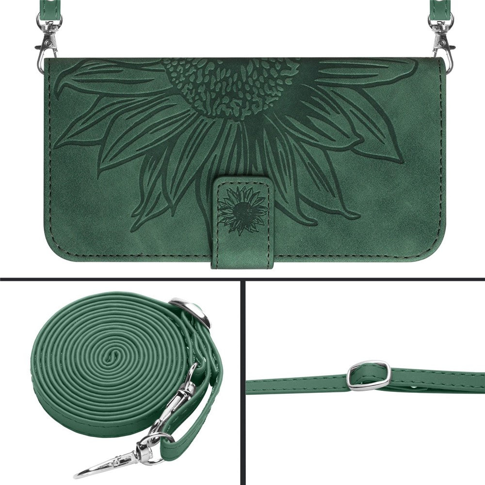 HT04 Imprinted Sunflower Phone Case For Samsung Galaxy M23 5G / F23 5G, PU Leather Wallet Stand Magnetic Clasp Skin-touch Anti-fall Phone Cover with Shoulder Strap - Dark Green