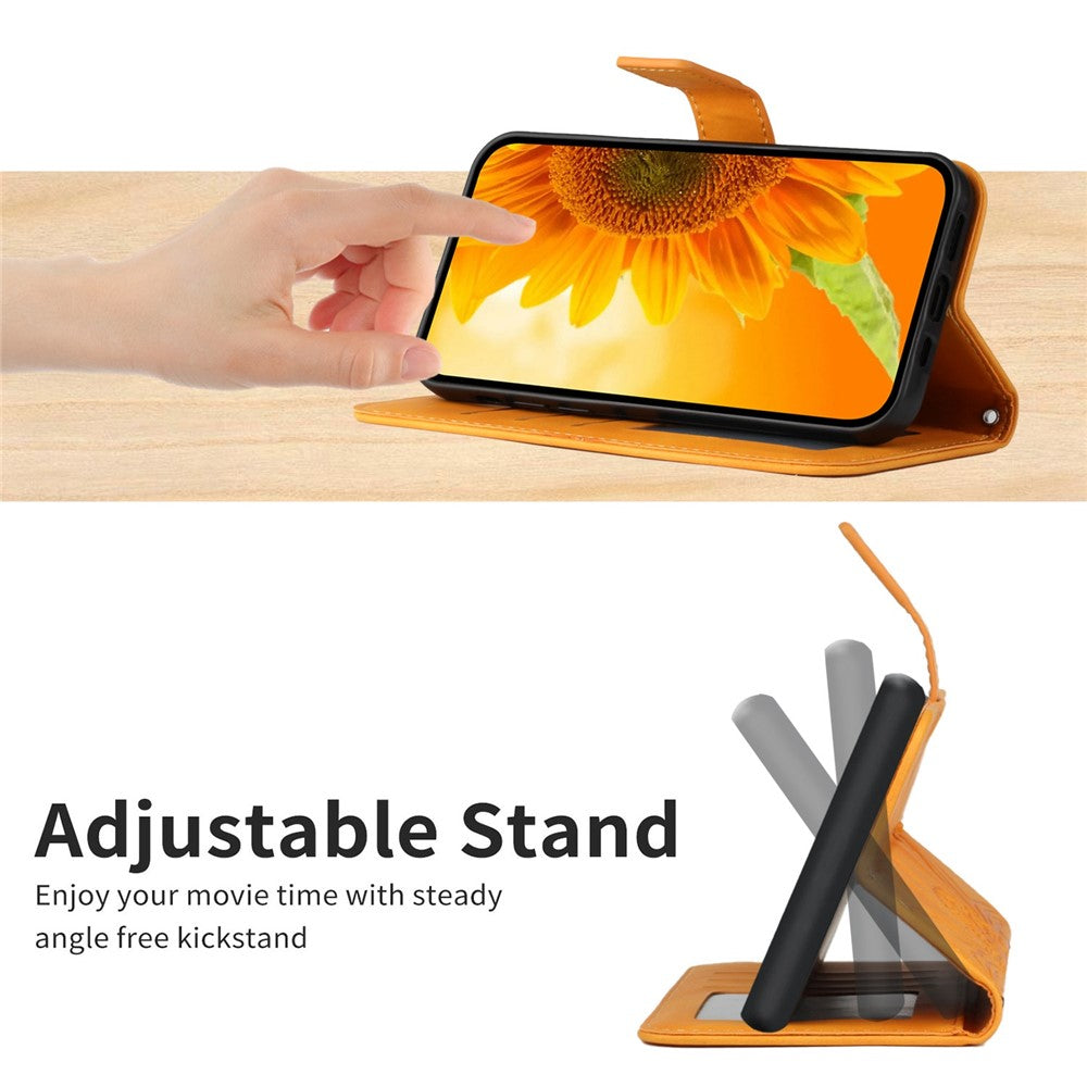 HT04 Imprinted Sunflower Phone Case For Samsung Galaxy M23 5G / F23 5G, PU Leather Wallet Stand Magnetic Clasp Skin-touch Anti-fall Phone Cover with Shoulder Strap - Yellow