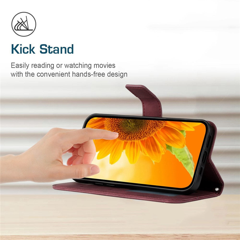 HT04 Imprinted Sunflower Phone Case For Samsung Galaxy M23 5G / F23 5G, PU Leather Wallet Stand Magnetic Clasp Skin-touch Anti-fall Phone Cover with Shoulder Strap - Wine Red