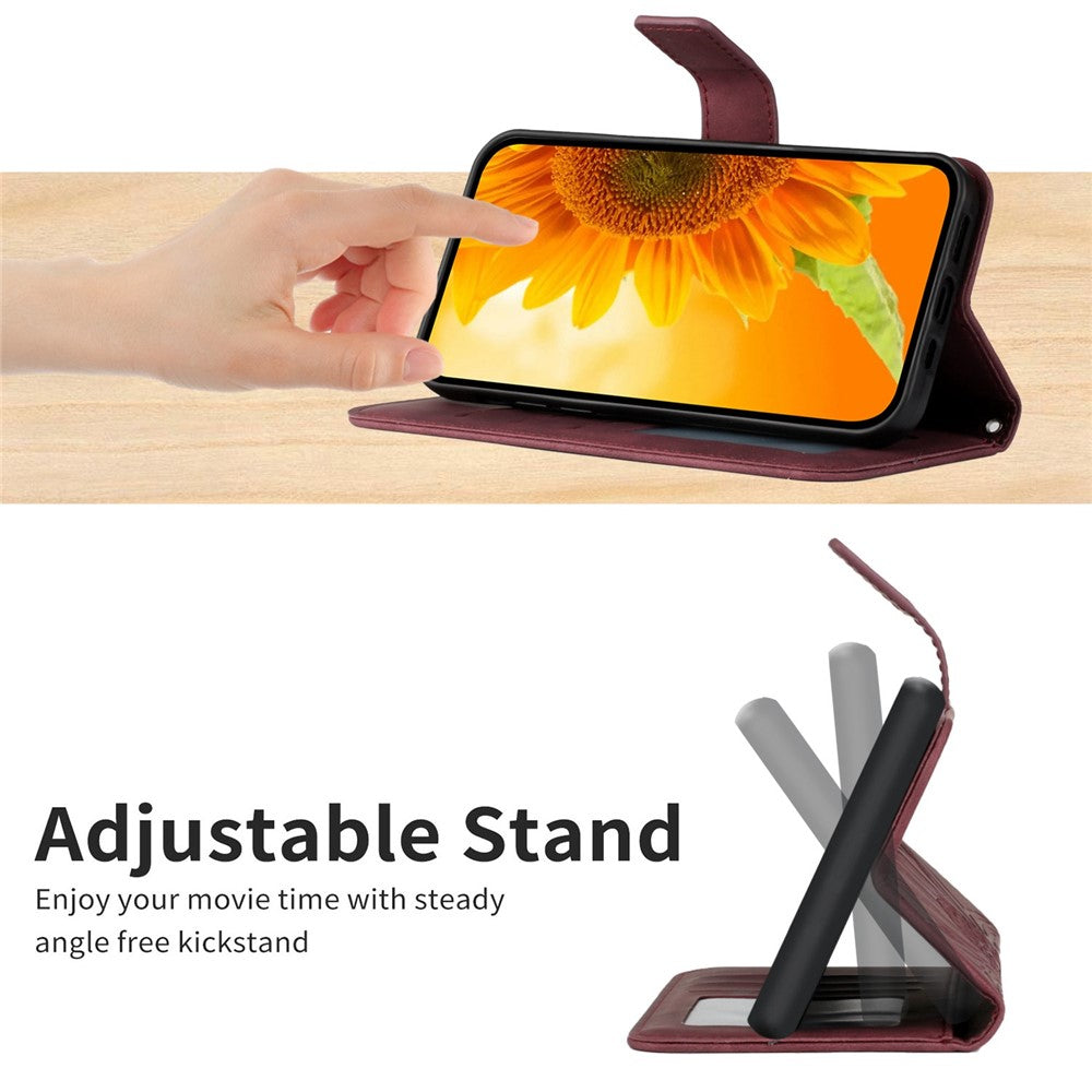 HT04 Imprinted Sunflower Phone Case For Samsung Galaxy M23 5G / F23 5G, PU Leather Wallet Stand Magnetic Clasp Skin-touch Anti-fall Phone Cover with Shoulder Strap - Wine Red