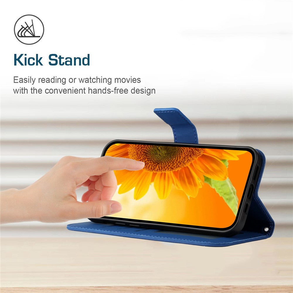 HT04 Imprinted Sunflower Phone Case For Samsung Galaxy M23 5G / F23 5G, PU Leather Wallet Stand Magnetic Clasp Skin-touch Anti-fall Phone Cover with Shoulder Strap - Sapphire
