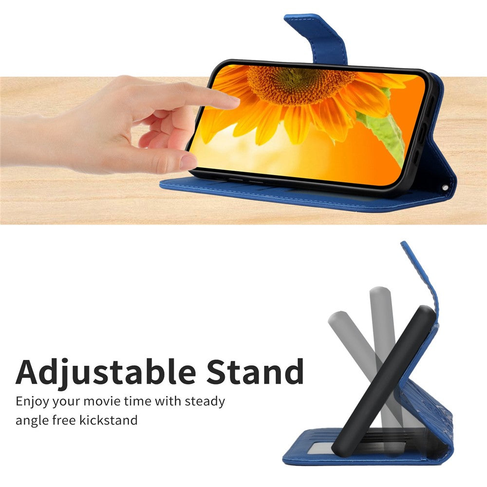 HT04 Imprinted Sunflower Phone Case For Samsung Galaxy M23 5G / F23 5G, PU Leather Wallet Stand Magnetic Clasp Skin-touch Anti-fall Phone Cover with Shoulder Strap - Sapphire