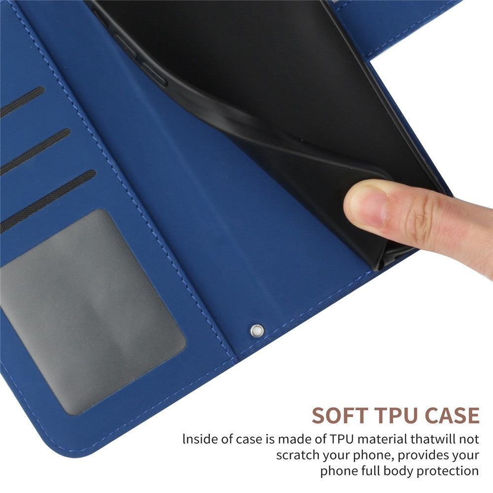 HT04 Imprinted Sunflower Phone Case For Samsung Galaxy M23 5G / F23 5G, PU Leather Wallet Stand Magnetic Clasp Skin-touch Anti-fall Phone Cover with Shoulder Strap - Sapphire