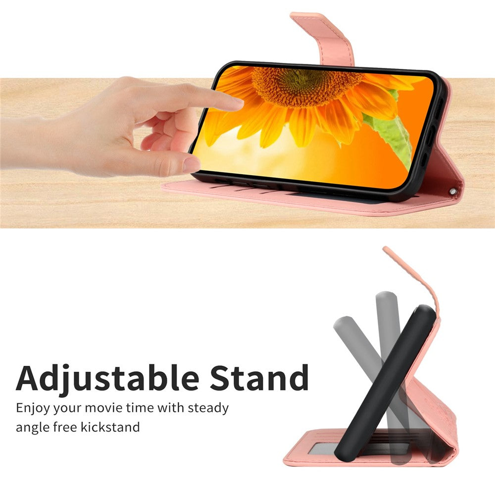 HT04 Imprinted Sunflower Phone Case For Samsung Galaxy M23 5G / F23 5G, PU Leather Wallet Stand Magnetic Clasp Skin-touch Anti-fall Phone Cover with Shoulder Strap - Light Pink