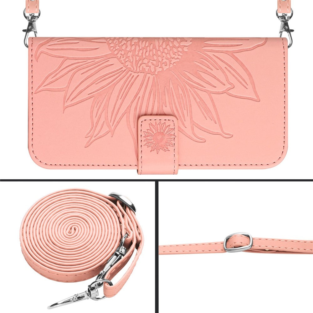 HT04 Imprinted Sunflower Phone Case For Samsung Galaxy M23 5G / F23 5G, PU Leather Wallet Stand Magnetic Clasp Skin-touch Anti-fall Phone Cover with Shoulder Strap - Light Pink