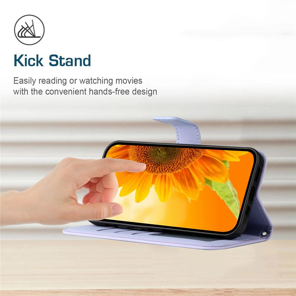 HT04 Imprinted Sunflower Phone Case For Samsung Galaxy M23 5G / F23 5G, PU Leather Wallet Stand Magnetic Clasp Skin-touch Anti-fall Phone Cover with Shoulder Strap - Light Purple