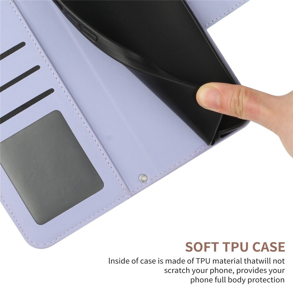 HT04 Imprinted Sunflower Phone Case For Samsung Galaxy M23 5G / F23 5G, PU Leather Wallet Stand Magnetic Clasp Skin-touch Anti-fall Phone Cover with Shoulder Strap - Light Purple