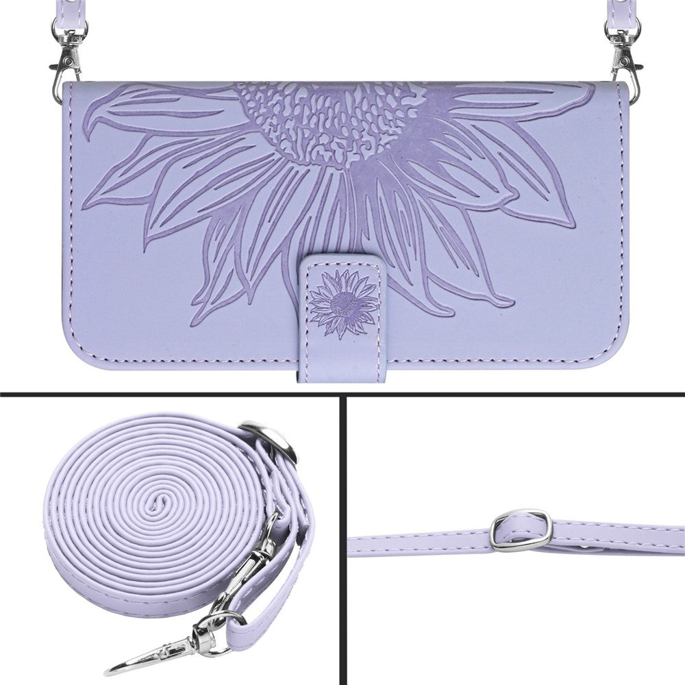 HT04 Imprinted Sunflower Phone Case For Samsung Galaxy M23 5G / F23 5G, PU Leather Wallet Stand Magnetic Clasp Skin-touch Anti-fall Phone Cover with Shoulder Strap - Light Purple