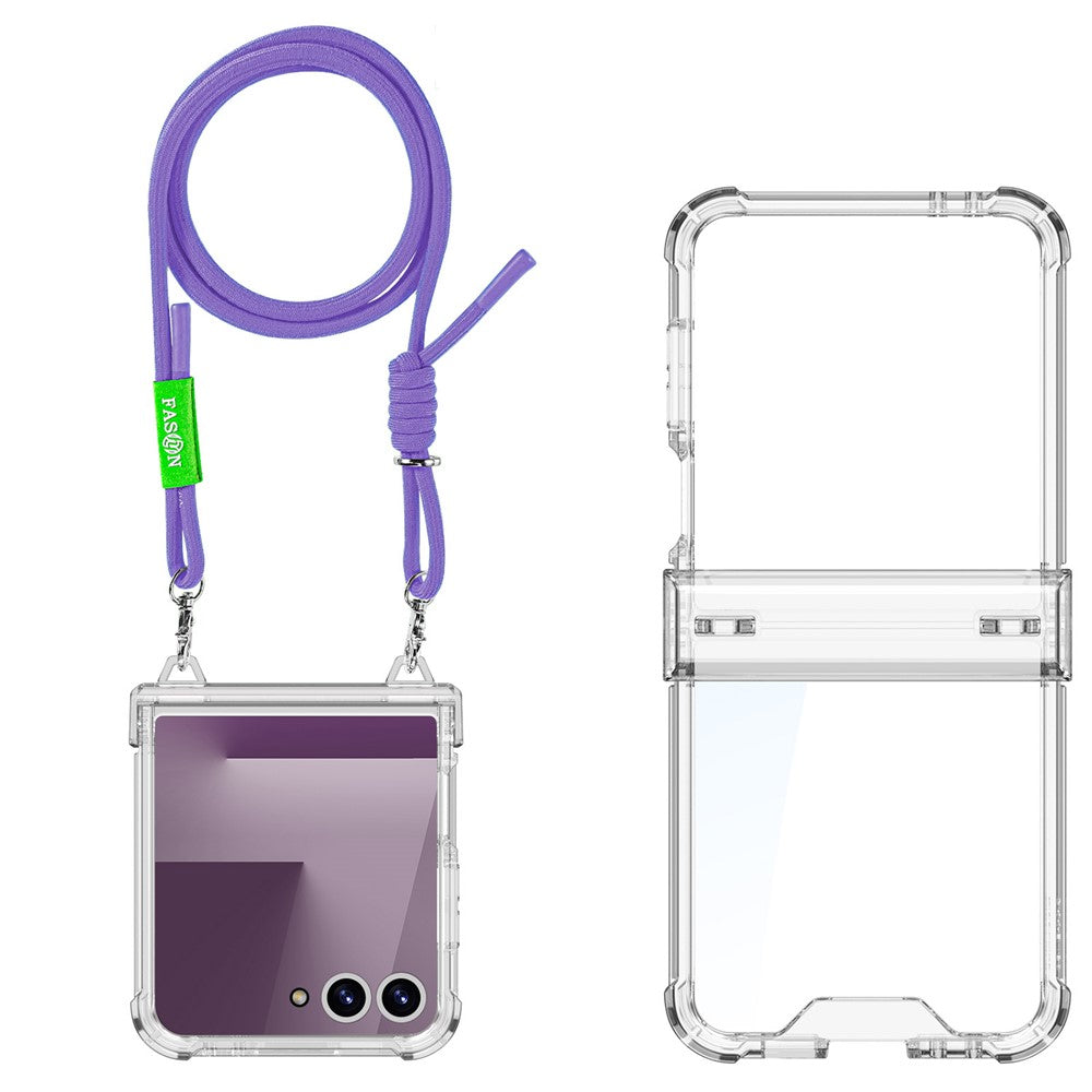 GKK For Samsung Galaxy Z Flip7 5G Clear Case Airbag Hinge Protector PC Phone Cover with Strap - Purple