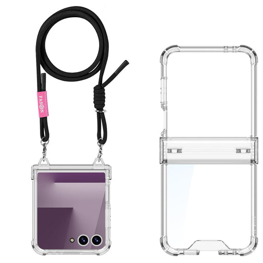 GKK For Samsung Galaxy Z Flip7 5G Clear Case Airbag Hinge Protector PC Phone Cover with Strap - Black