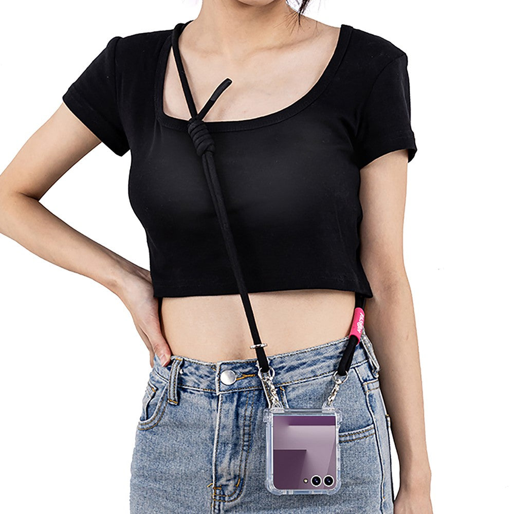 GKK For Samsung Galaxy Z Flip7 5G Clear Case Airbag Hinge Protector PC Phone Cover with Strap - Black