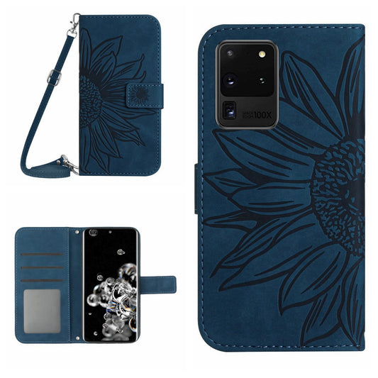 For Samsung Galaxy S20 Ultra HT04 Stand Wallet Phone Case with Shoulder Strap Skin-touch Imprinted Sunflower PU Leather Phone Cover - Dark Blue