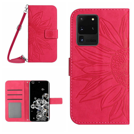 For Samsung Galaxy S20 Ultra HT04 Stand Wallet Phone Case with Shoulder Strap Skin-touch Imprinted Sunflower PU Leather Phone Cover - Rose
