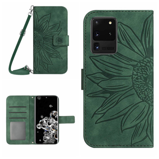 For Samsung Galaxy S20 Ultra HT04 Stand Wallet Phone Case with Shoulder Strap Skin-touch Imprinted Sunflower PU Leather Phone Cover - Dark Green