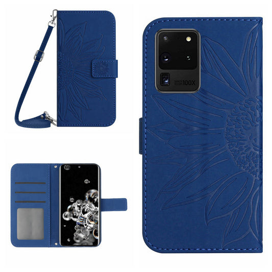 For Samsung Galaxy S20 Ultra HT04 Stand Wallet Phone Case with Shoulder Strap Skin-touch Imprinted Sunflower PU Leather Phone Cover - Sapphire