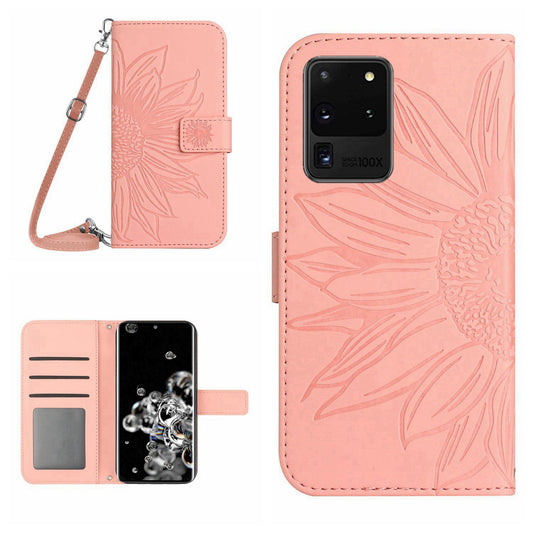 For Samsung Galaxy S20 Ultra HT04 Stand Wallet Phone Case with Shoulder Strap Skin-touch Imprinted Sunflower PU Leather Phone Cover - Light Pink