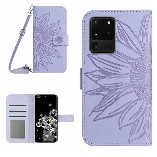 For Samsung Galaxy S20 Ultra HT04 Stand Wallet Phone Case with Shoulder Strap Skin-touch Imprinted Sunflower PU Leather Phone Cover - Light Purple