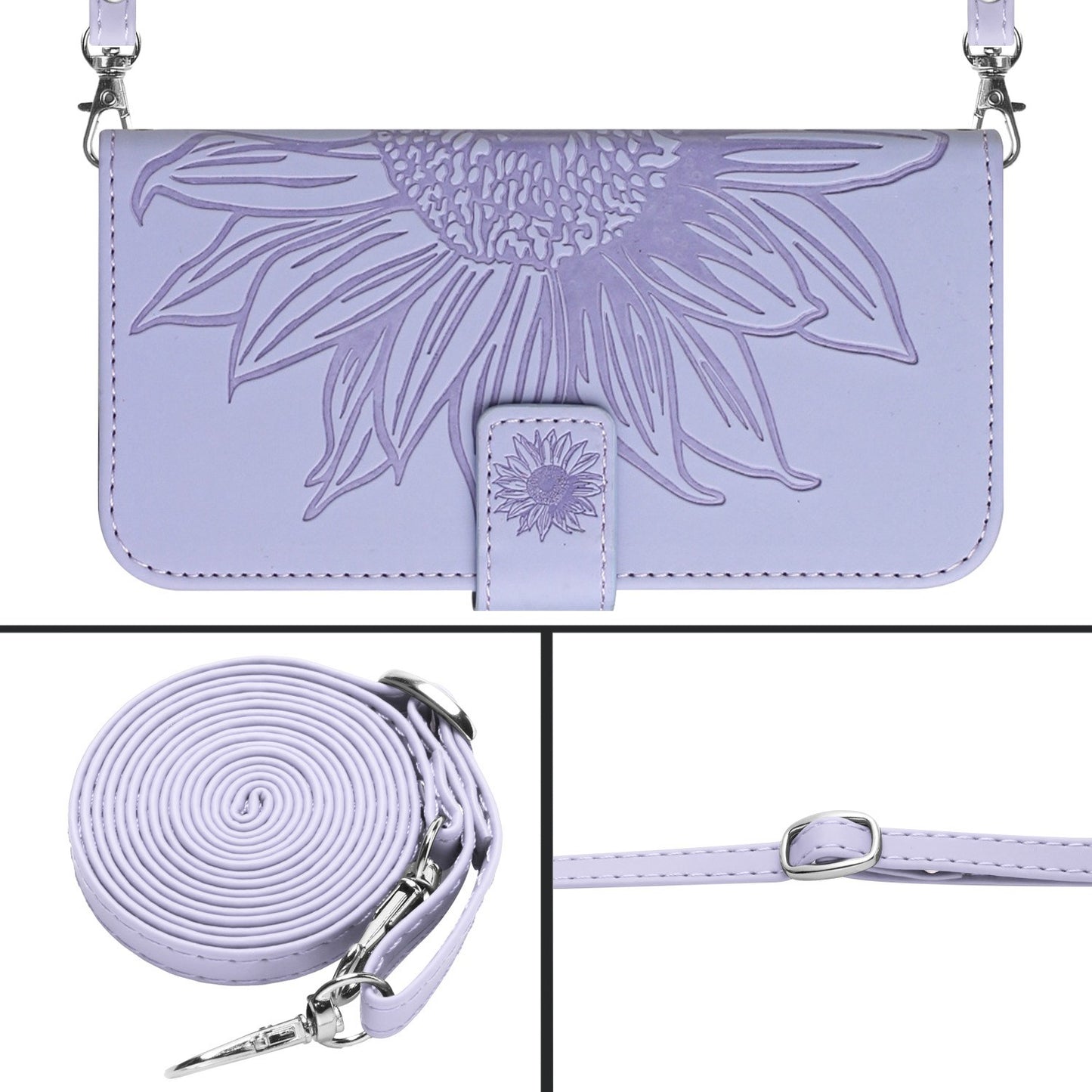 For Samsung Galaxy S20 Ultra HT04 Stand Wallet Phone Case with Shoulder Strap Skin-touch Imprinted Sunflower PU Leather Phone Cover - Light Purple