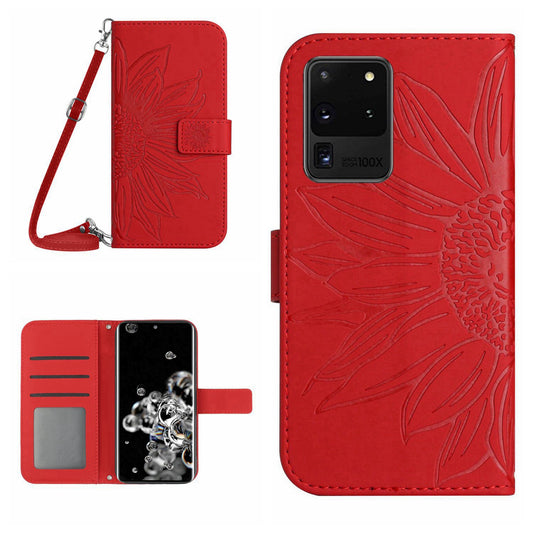For Samsung Galaxy S20 Ultra HT04 Stand Wallet Phone Case with Shoulder Strap Skin-touch Imprinted Sunflower PU Leather Phone Cover - Red