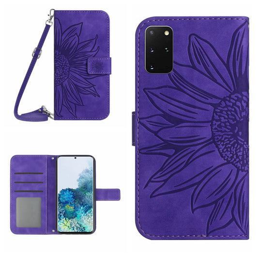 Imprinted Sunflower Phone Cover For Samsung Galaxy S20 Plus 4G / 5G, HT04 Skin-touch PU Leather Stand Wallet Case Phone Shell with Shoulder Strap - Dark Purple