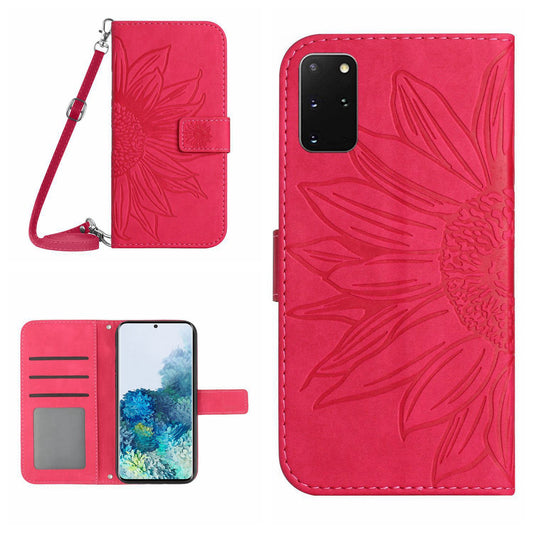 Imprinted Sunflower Phone Cover For Samsung Galaxy S20 Plus 4G / 5G, HT04 Skin-touch PU Leather Stand Wallet Case Phone Shell with Shoulder Strap - Rose
