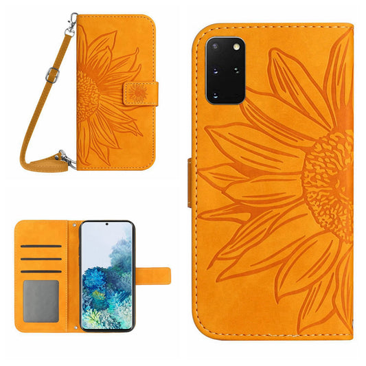 Imprinted Sunflower Phone Cover For Samsung Galaxy S20 Plus 4G / 5G, HT04 Skin-touch PU Leather Stand Wallet Case Phone Shell with Shoulder Strap - Yellow