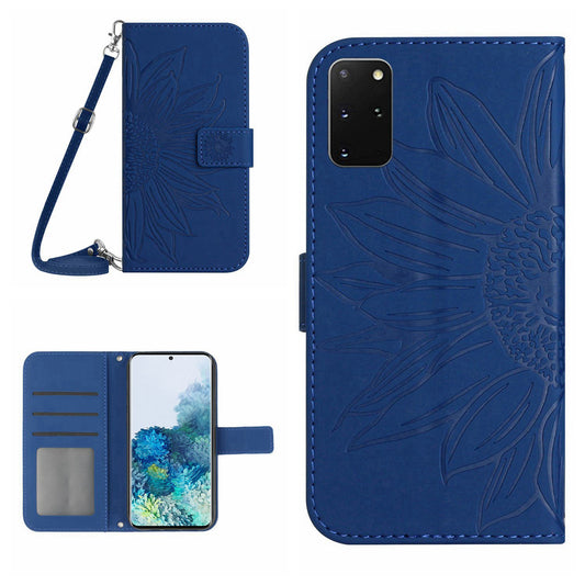 Imprinted Sunflower Phone Cover For Samsung Galaxy S20 Plus 4G / 5G, HT04 Skin-touch PU Leather Stand Wallet Case Phone Shell with Shoulder Strap - Sapphire