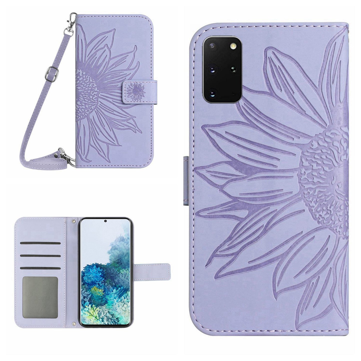 Imprinted Sunflower Phone Cover For Samsung Galaxy S20 Plus 4G / 5G, HT04 Skin-touch PU Leather Stand Wallet Case Phone Shell with Shoulder Strap - Light Purple