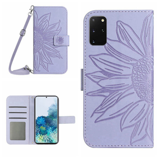Imprinted Sunflower Phone Cover For Samsung Galaxy S20 Plus 4G / 5G, HT04 Skin-touch PU Leather Stand Wallet Case Phone Shell with Shoulder Strap - Light Purple