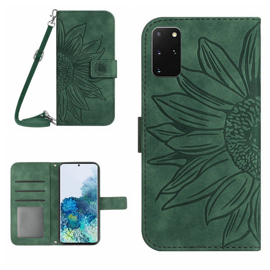 Imprinted Sunflower Phone Cover For Samsung Galaxy S20 Plus 4G / 5G, HT04 Skin-touch PU Leather Stand Wallet Case Phone Shell with Shoulder Strap - Dark Green