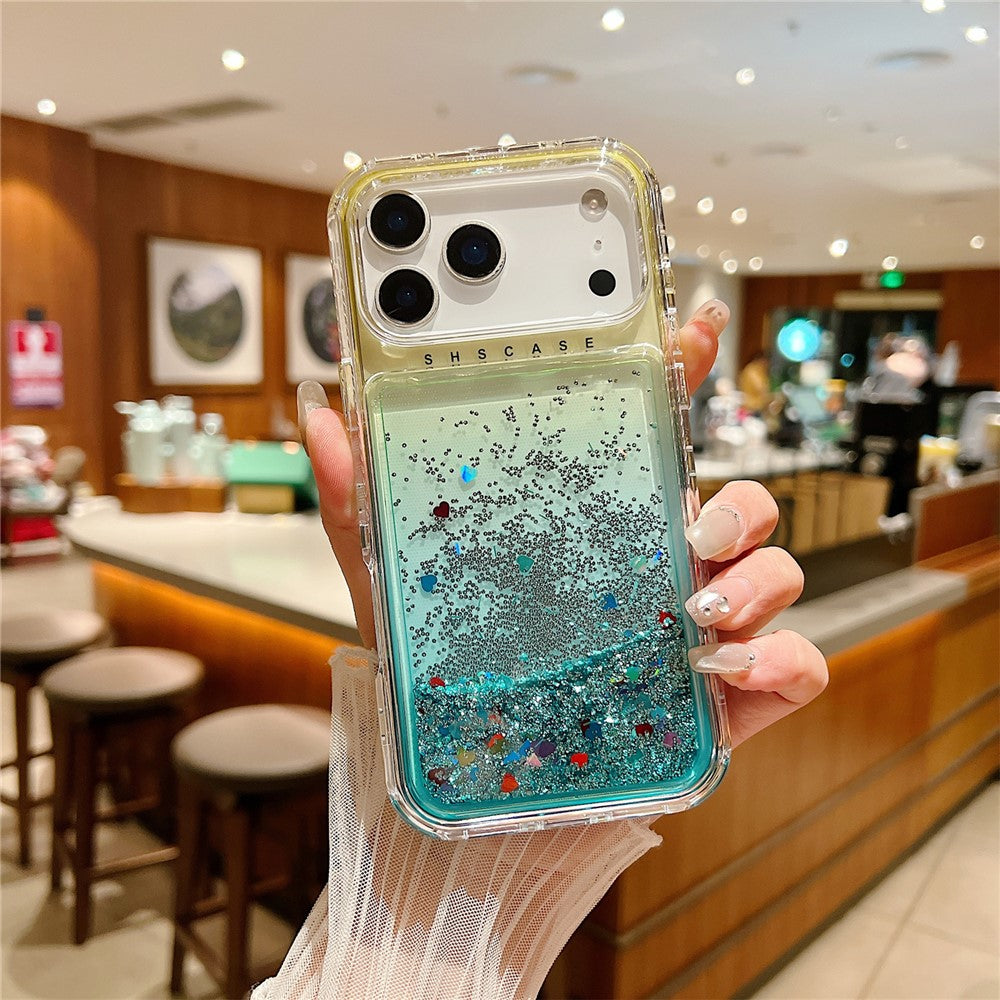 For iPhone 17 Pro Max Case Gradient Quicksand Liquid Flowing Sparkle TPU + PC Back Cover - Gold  /  Baby Blue